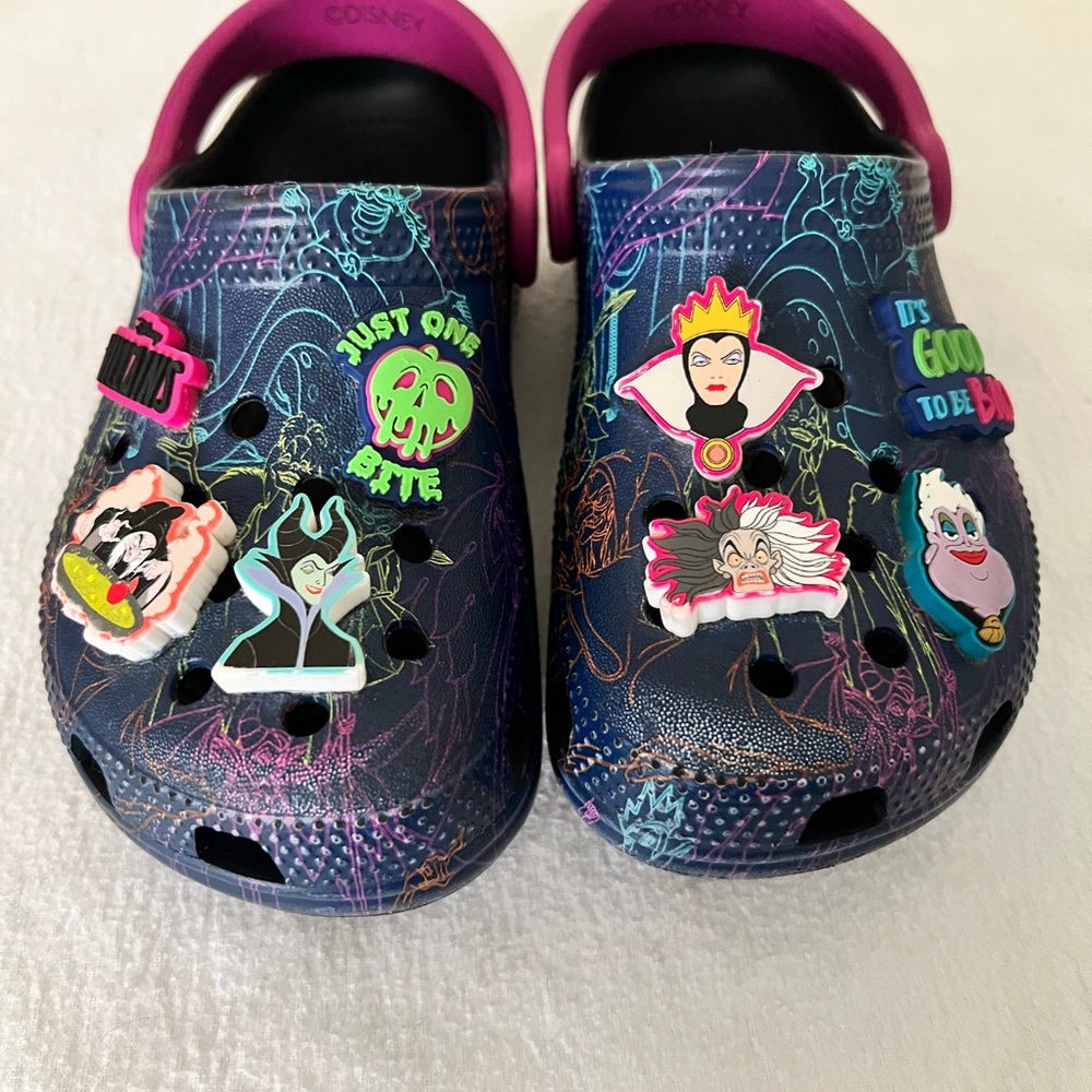 Very Good Condition Disney Blue and Pink Slippers with Cartoon Charms Size 12T